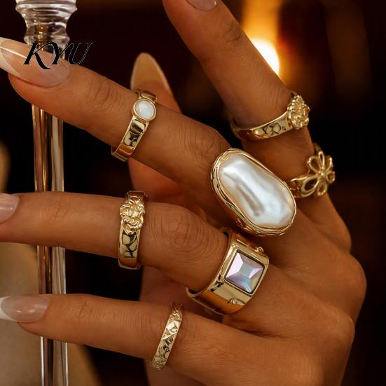 Women Ring Set 6Pcs Faux Moonstone Set, Vintage Fake Pearl Statement Metal Ring, Golden Silver Plated Jewelry Gift for Her Alloy Finger