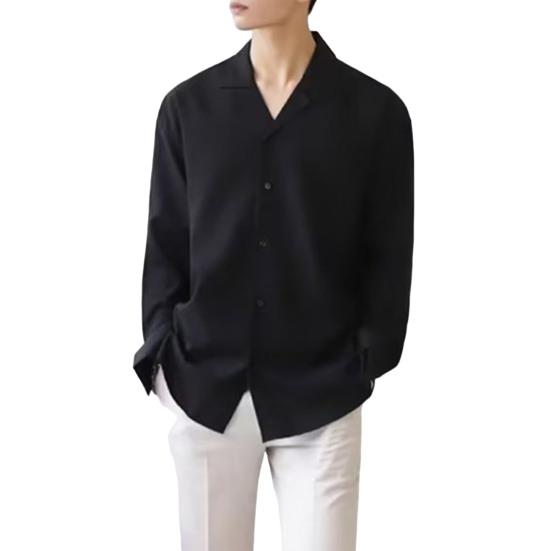 Мужская рубашка с кубинским воротником, длинный рукав, на пуговицах, повседневная рубашка свободного кроя, однотонная рубашка для работы, вечеринок, свиданий