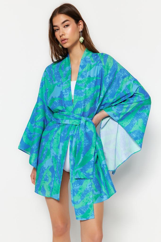 Women's Fashion New Kimono&Kaftan Floral Pattern Belted Mini Woven KimonoKaftan