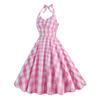 1950S Women Pink Plaid Sleeveless Dress Lace-up Bowknot Halter Hidden Zipper Skater Hem