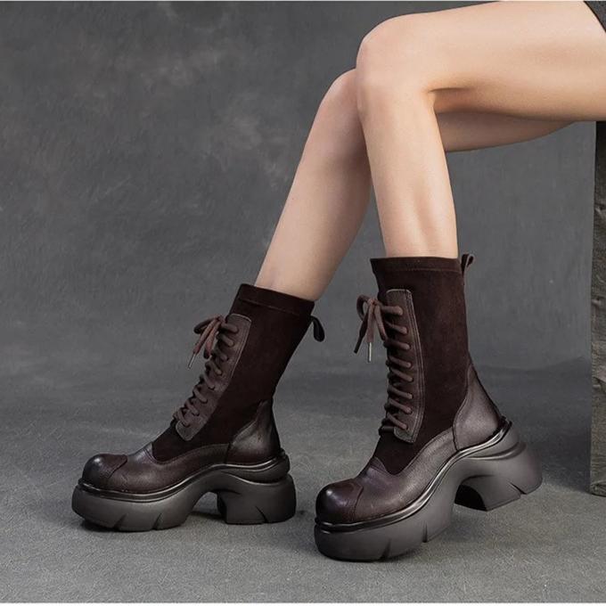 Johnature Genuine Leather Splicing Stretch Fabric Thick Soled Mid-calf Boots Versatile Women's Platform Boots