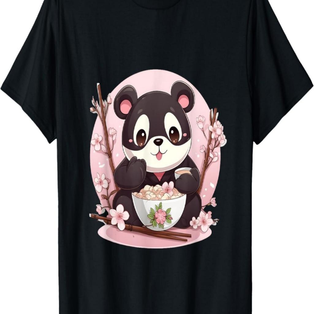 Otaku Kawaii Anime Panda Eat Ramen Noodles Cherry Blossom T-Shirt(3)