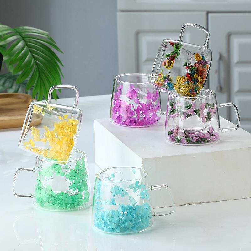 Красочная стеклянная кружка с сухоцветами - Декоративная прозрачная чашка для кофе/чая с засушенными цветами