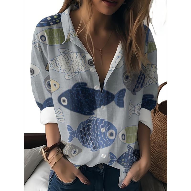 Women's Lapel Shirt Tops Casual Long Sleeve Button Down Shirts Women's Tops Fun Cat Pattern Women's Shirts Women's