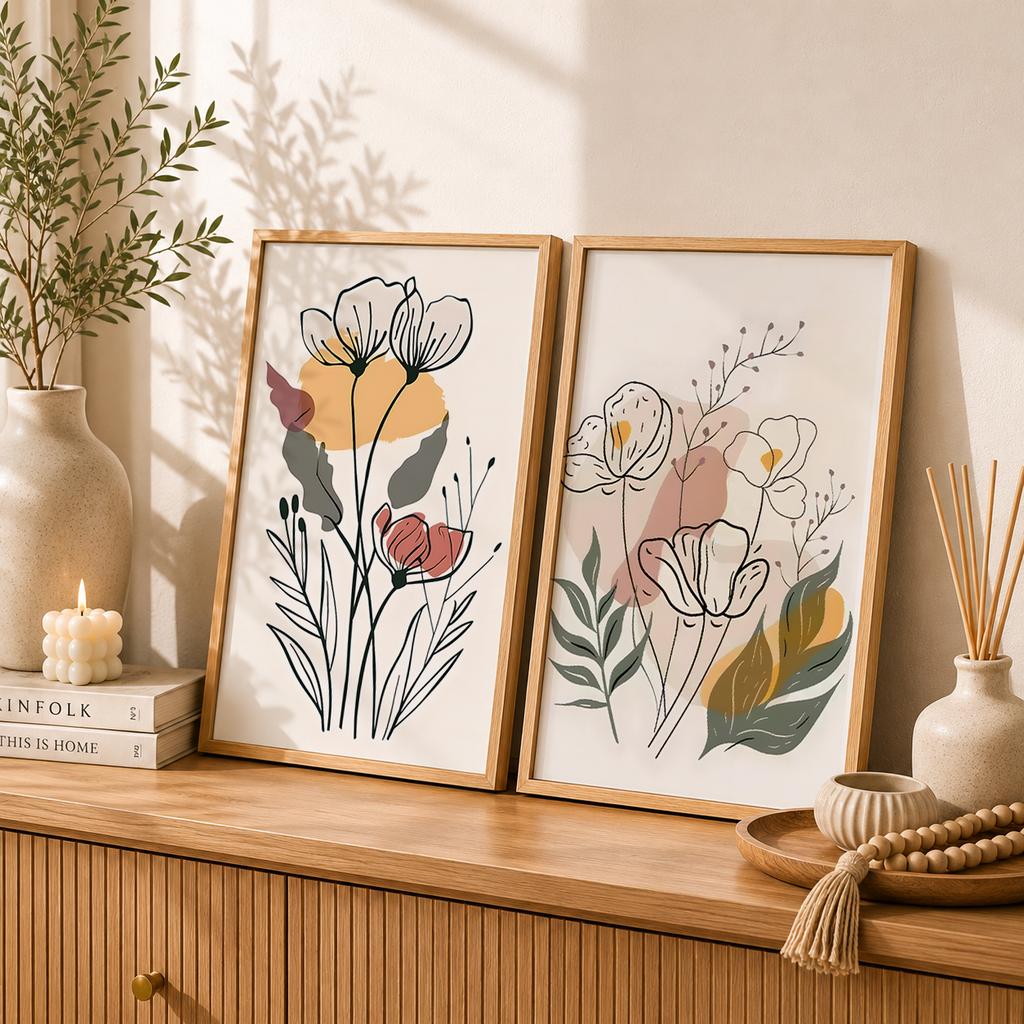 Boho Floral Wall Art, Abstract Line Art Canvas Painting, Minimalist Botanical Poster Print for Bedroom Living Room Wall Decor