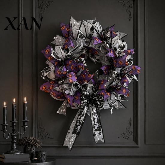 Party Backdrop Halloween Mesh Ribbon Wreath for Front Door, Spooky Skull Pumpkin with Decoration Bow, Purple Black Stripe Decorative Garland