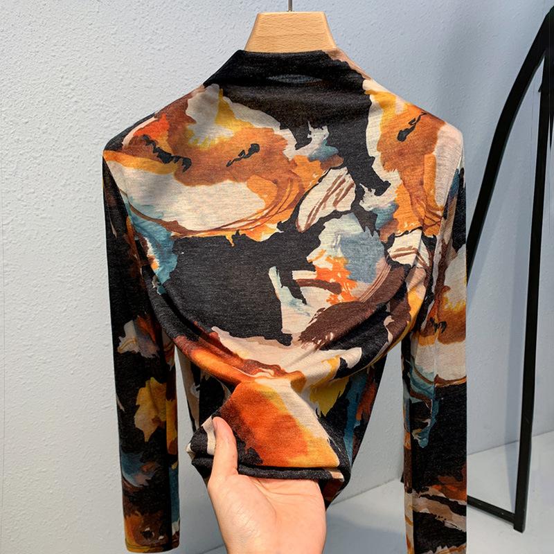 bottoming Semi-turtleneck shirt women's year new women's clothing retro printed foreign style shirt temperament with waist top