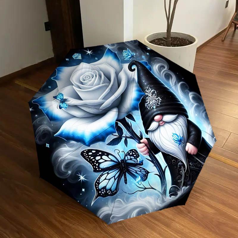 Blue Rose Butterfly Gnome: Automatic Opening Folding Umbrella with 8-Bone Iron Frame - Perfect for Fans, Travelers, Daily Use, and Festive G