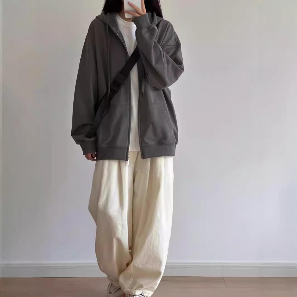 Ленивый ветер премиальный серый свитер-куртка женский повседневный спортивный худи на молнии топ кардиган универсальный