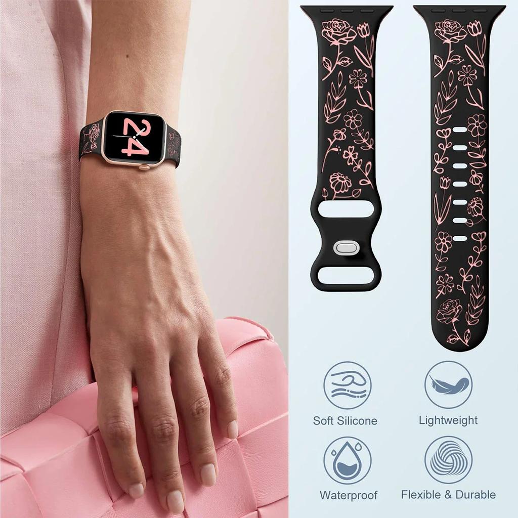 Ремешок с гравировкой и цветочным узором для Apple Watch Band Ultra 2 49/ 46/ 45/ 44/ 40/ 42 мм, браслет IWatch Series 10 9 8 7 6 SE 5 4