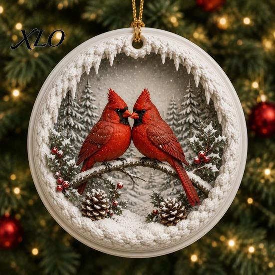 Meaningful Gifts of Hope 2 Pcs Red Bird Christmas Ornaments, 2D Round Acrylic Snowy Scene Hanging Tree Decorations Xmas Decoration for Winter
