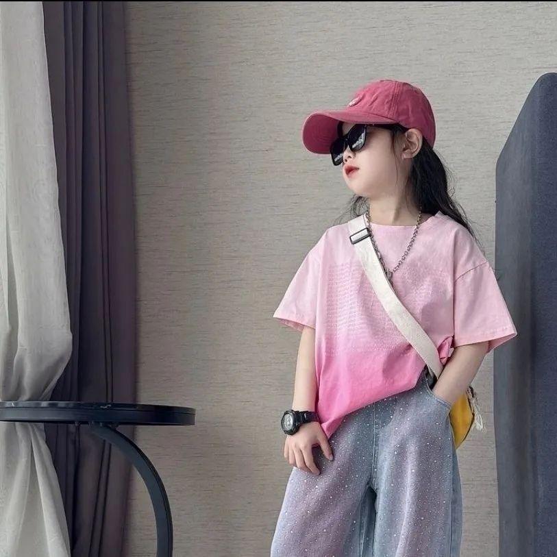 Летний комплект для девочек, тай-дай, с коротким рукавом, украшенный стразами, облегающие и широкие джинсы, модный и повседневный комплект из двух предметов, модный