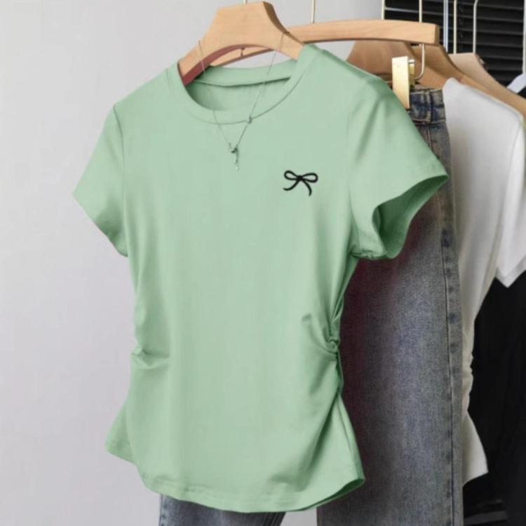 Korean Version Summer T-shirt Slim Fit Plus Size Waist Cinching Top New Shoulder Short Sleeved Slimming Effect Versatile Chubby