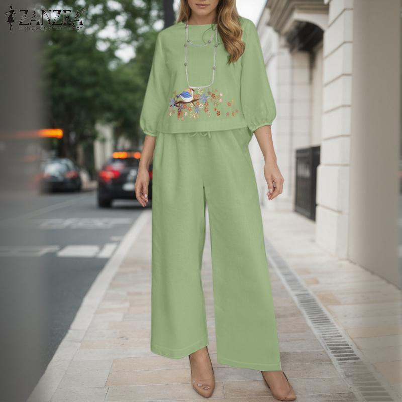 ZANZEA Женский повседневный костюм из двух частей с принтом и блузкой с рукавом 3/4 и брюками