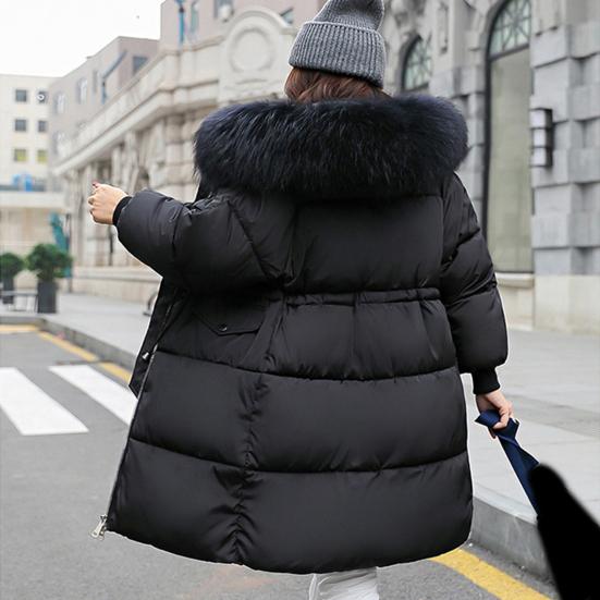 Женская зимняя куртка с меховым капюшоном, утолщенный пуховик, застежка-молния на шнурке, средняя длина, ветрозащитное хлопковое пальто для холодной погоды