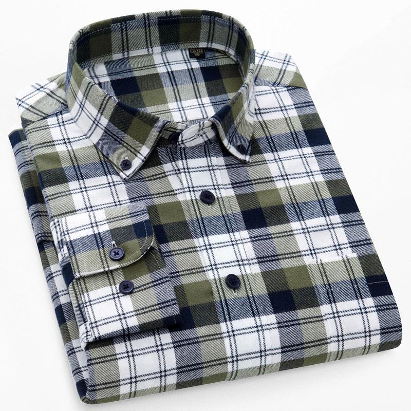 New Pure Cotton Brushed Men Casual Plaid Shirts Long Sleeve Soft Autumn Checked Design Business Male Tops with Pocket