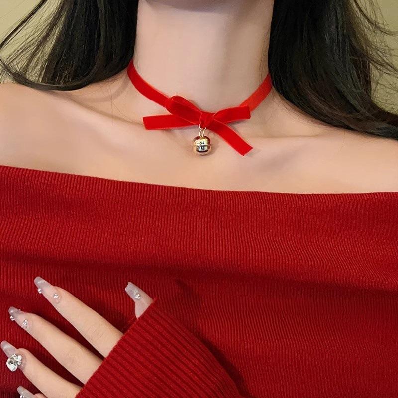 Рождественское ожерелье-колокольчик Женский осенне-зимний чокер Красный бархатный бант на шею Цепочка-воротник Чистое желание Ветер Ключичная цепочка