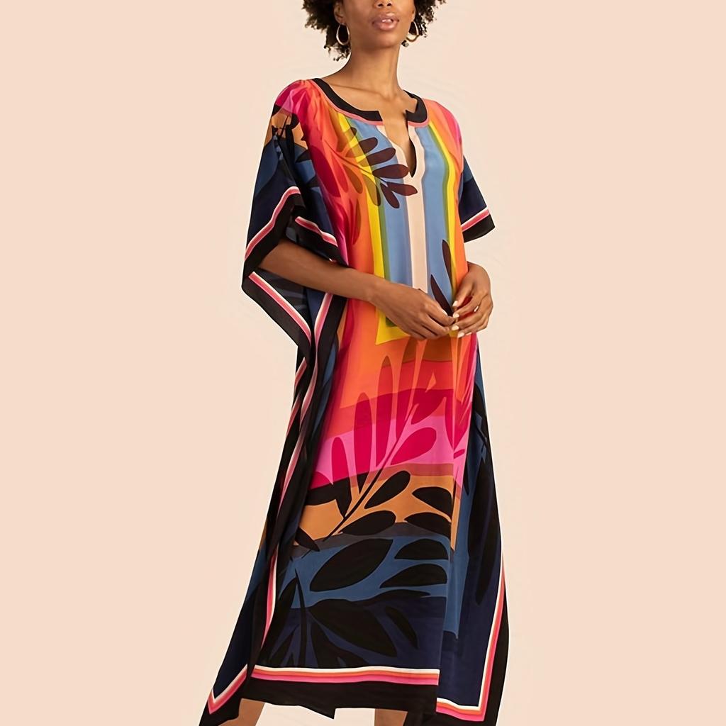 Повседневная накидка больших размеров, женская большая накидка с цветными блоками и принтом листьев, V-образный вырез, рукав «летучая мышь», разделенный подол, макси-накидка для Конингсдага/Дня короля