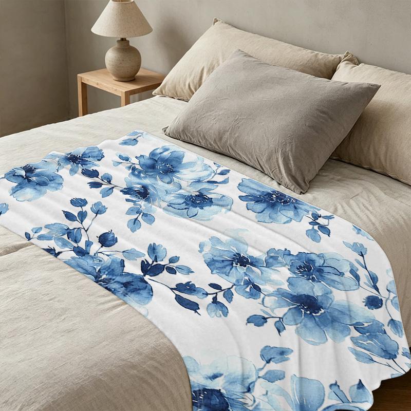 Soft Flannel Fleece Blanket, Blue Floral Pattern Machine Washable, Warm Cozy Throw for Home, Office Napping, Christmas & Halloween