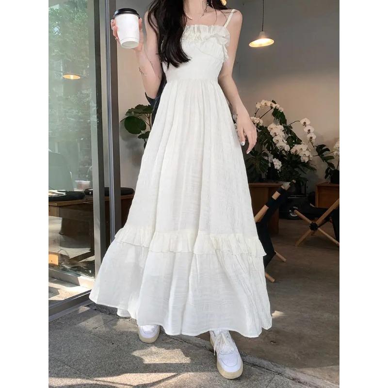 Белое платье, женское милое летнее платье без рукавов с оборками, эстетический сарафан трапециевидной формы принцессы, для отдыха и отдыха, во французском стиле, дизайн 2023