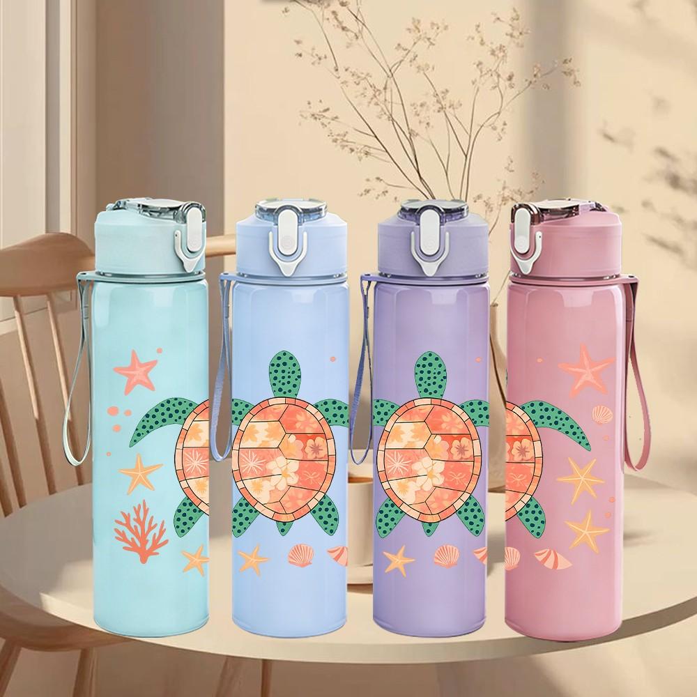 1PC Sea Turtle Starfish Tropical Print 750ml Color Plastic Sports Water Bottle Leakproof Flip Straw Lid Suitable for Sports Office Home Use