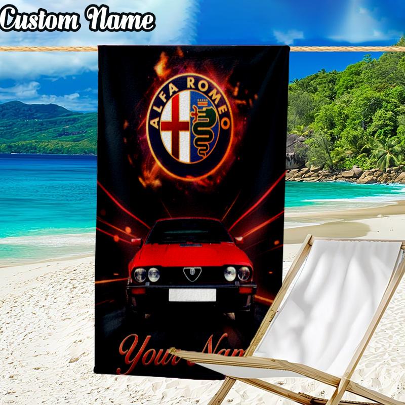 Custom Name Alfa Car Beach Towel, Quick-Dry & Lightweight, Beach Blanket, Perfect for Beach, Pool, Yoga, Or Camping, Gifts