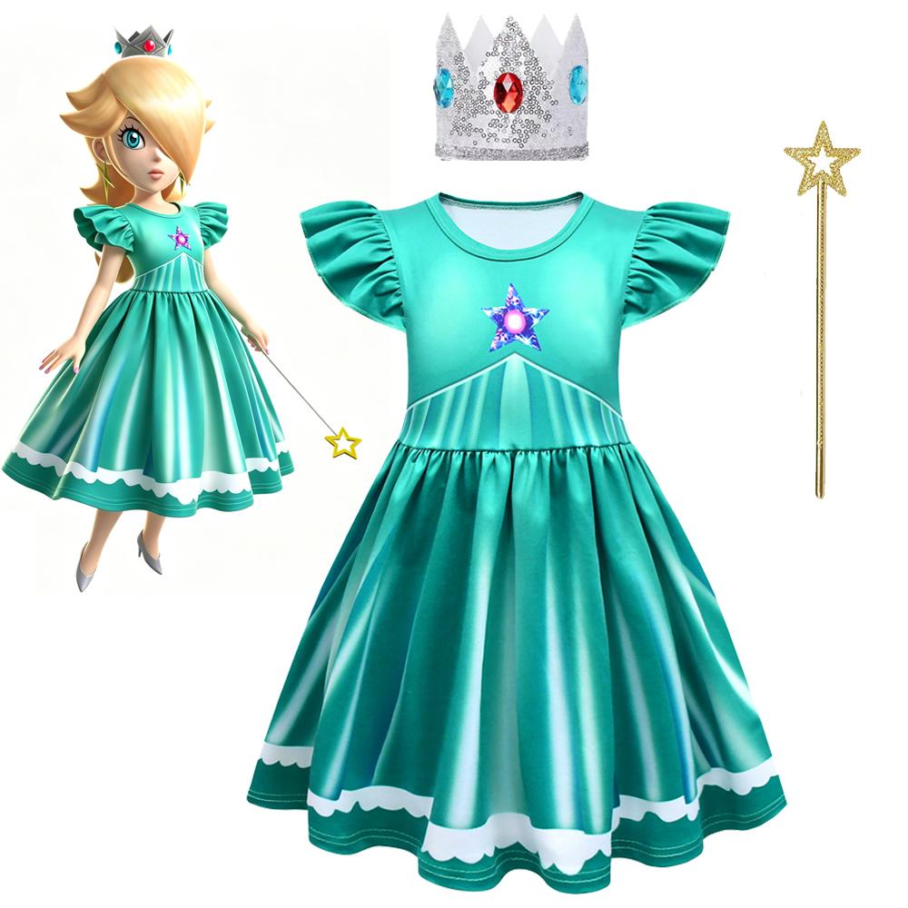 Princess Rosalina Kids Dress Flutter Sleeve with Crown & Wand