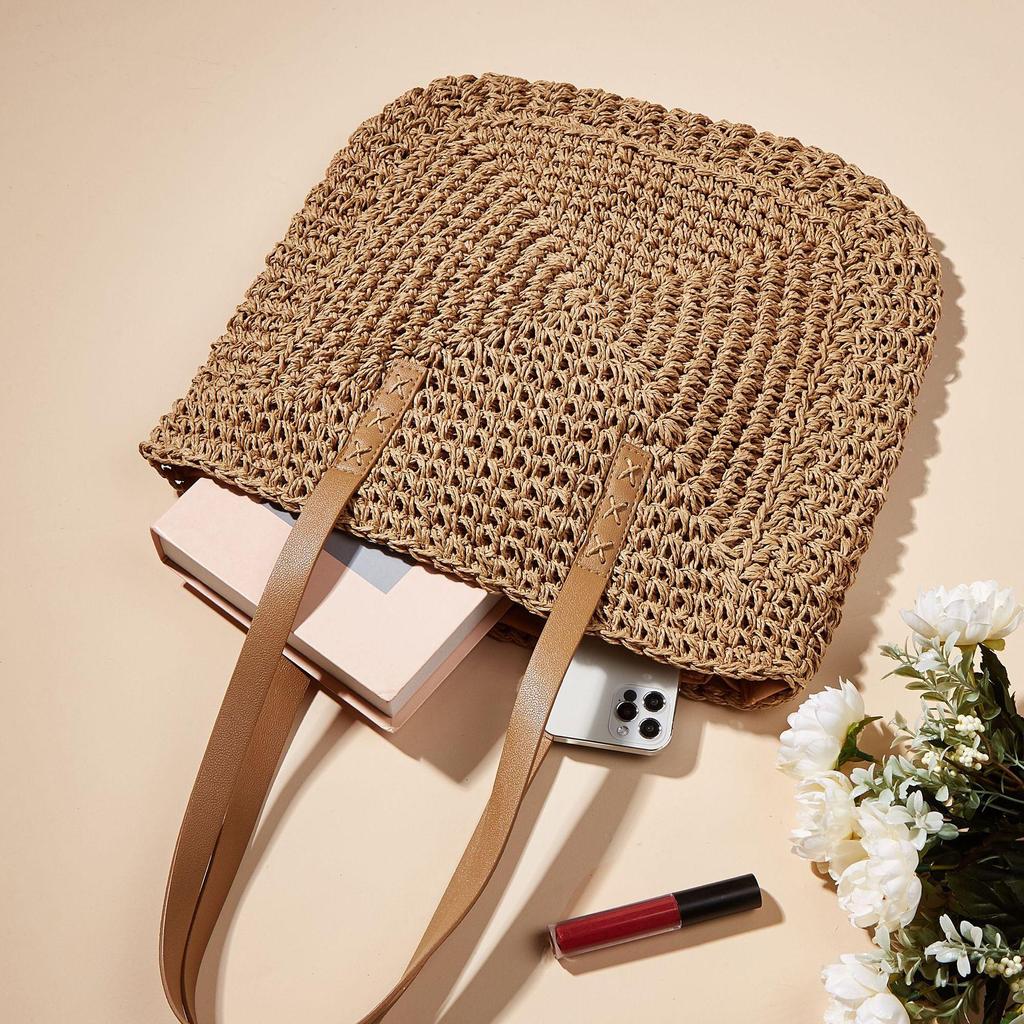Vintage Straw Woven Shoulder Shopping Bag Casual Women Summer Large Capacity Beach Totes