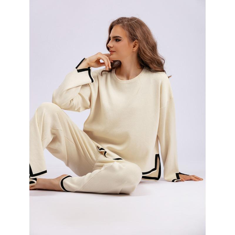 Осенне-зимний женский вязаный свитер, комплект, темпераментный цветной коллизион, топ с длинными рукавами и высокой талией, широкие брюки, две части