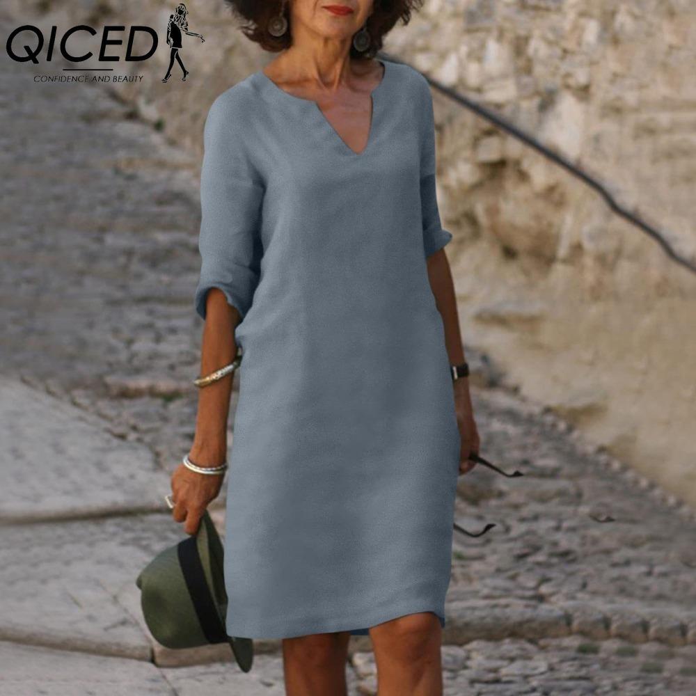 QICED Женское летнее однотонное хлопковое льняное ретро-платье с V-образным вырезом и коротким рукавом, легкое дышащее платье