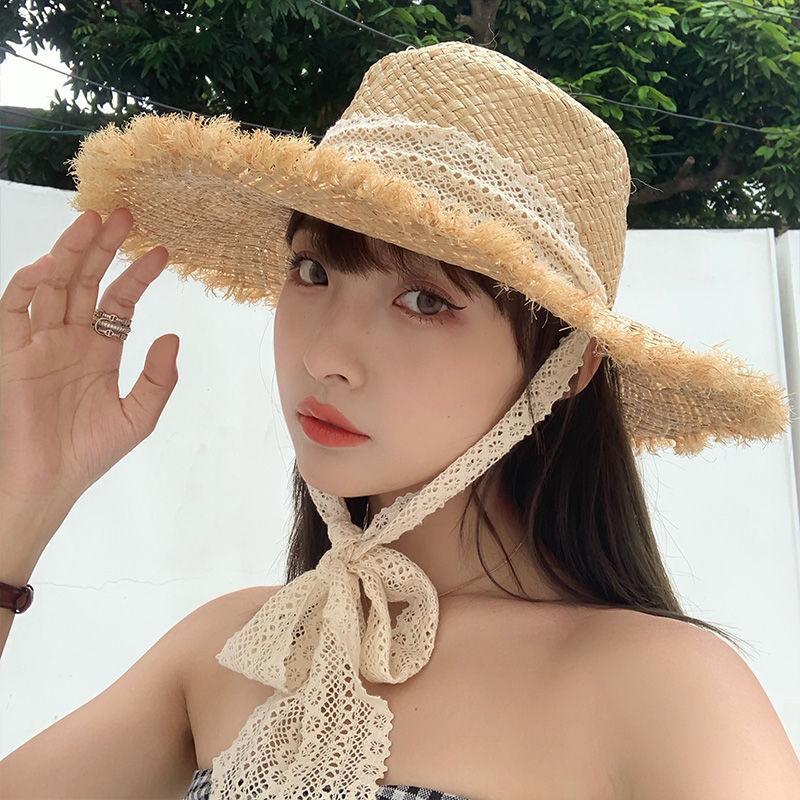 Lace Lafite woven flat top hat summer rough edge sun protection seaside beach lace sun visor