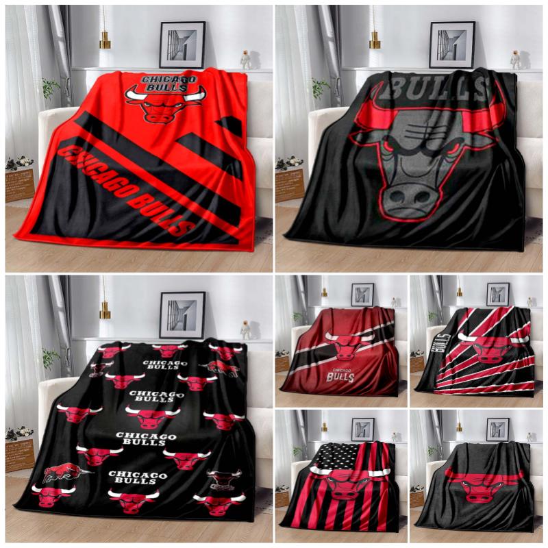 Chicago Bulls Logo Red Black Diagonal Stripe Print Flannel Blanket Soft Lightweight Throw Blanket Basketball Fan Sofa Bedroom Home Decor Gift