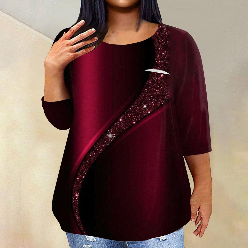 Women's Fashionable Casual Three Quarter Sleeve Printed Round Neck Pullover 4/3 Sleeve Top