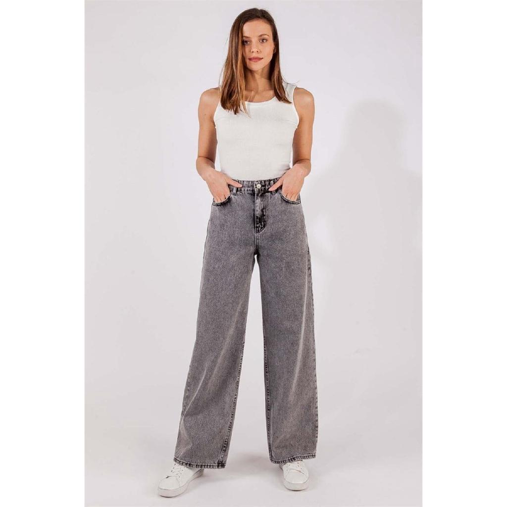 Women's Blue Snow Wash High Waist Five Pocket Wide Leg Loose Palazzo Jean Denim Trousers