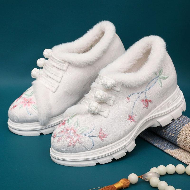 Зимние сапоги женские роскошные вышитые хлопковые туфли женские пушистые плюшевые теплые зимние сапоги модные ботильоны на платформе с скрытым каблуком