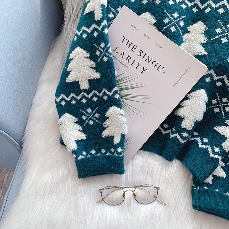 Рождественская елка свитера круглый вырез женские трикотажные пуловеры винтажные свободные джемперы фестивальные топы с длинным рукавом женские джемперы