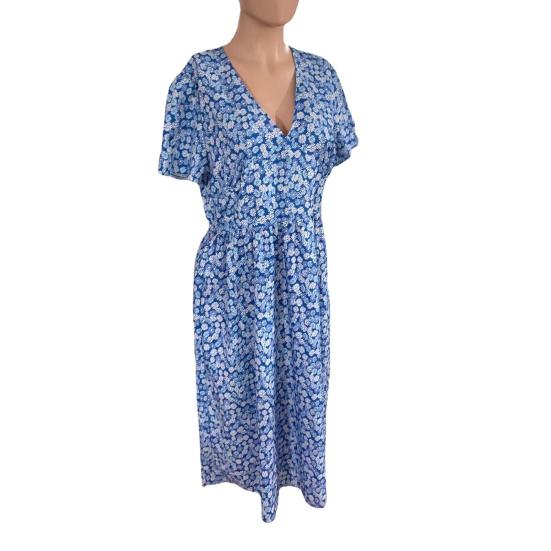 Платье миди в стиле бохо с V-образным вырезом, короткими рукавами, высокой талией, женским платьем с карманами, струящимся подолом, платье А-силуэта