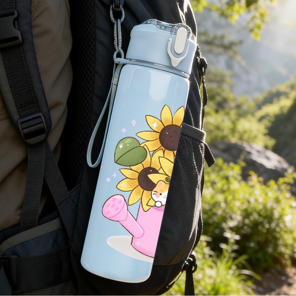 1PC Sunflower Watering Can Girl Print 750ml Color Plastic Sports Water Bottle Leakproof Flip Straw Lid Suitable for Sports Office Home Use