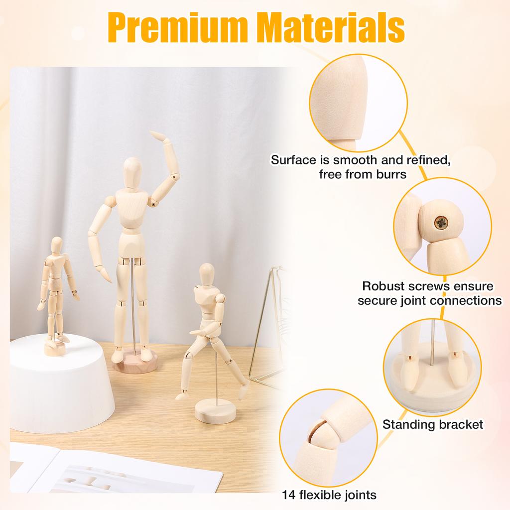 3Pcs Wooden Artist Manikin for Drawing Sketch Flexible Body Joints Human Figures Posable Puppet Models Ornaments Home Decoration