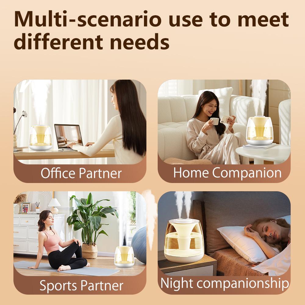 3-литровый увлажнитель с двойным распылением, бесшумным цифровым дисплеем влажности, красочной подсветкой для создания атмосферы в доме/спальне, аромадиффузор