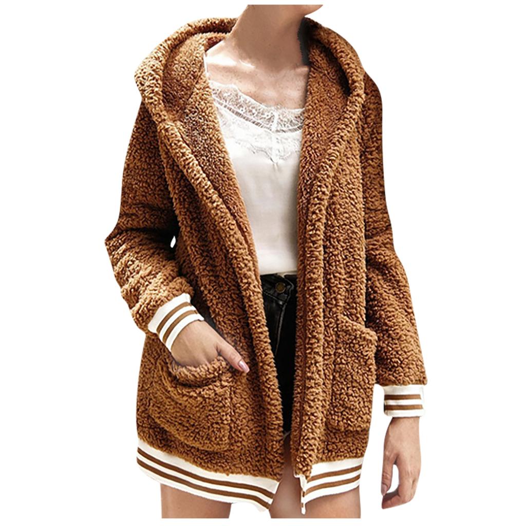 Women's And Winter Loose Solid Color Stitching Long-Sleeved Pockets Plush Hooded Cardigan Coat
