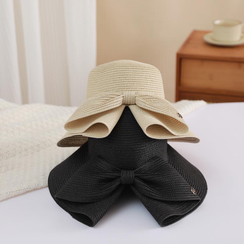 Bowknot Split Straw Sun Hat Elegant Wide Brim Travel Beach Hats Foldable UV Protection Casual Bucket Hats