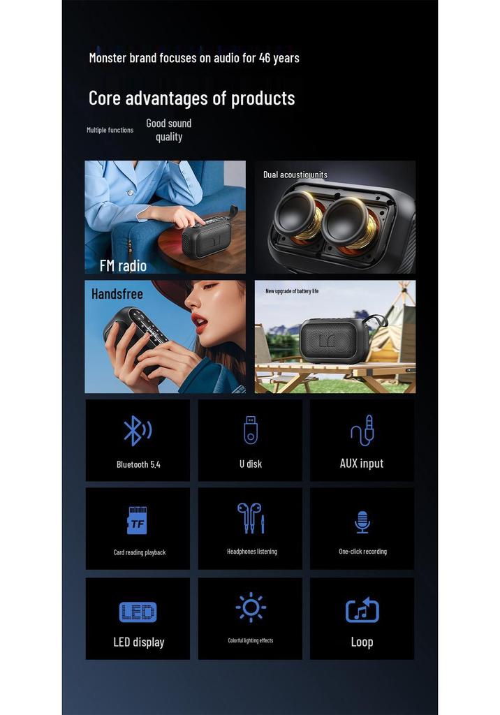 MS62110 Monster Bluetooth Портативная уличная колонка с большим громкостью, высоким качеством звука, слотом для карты, USB-накопителем и сабвуфером.