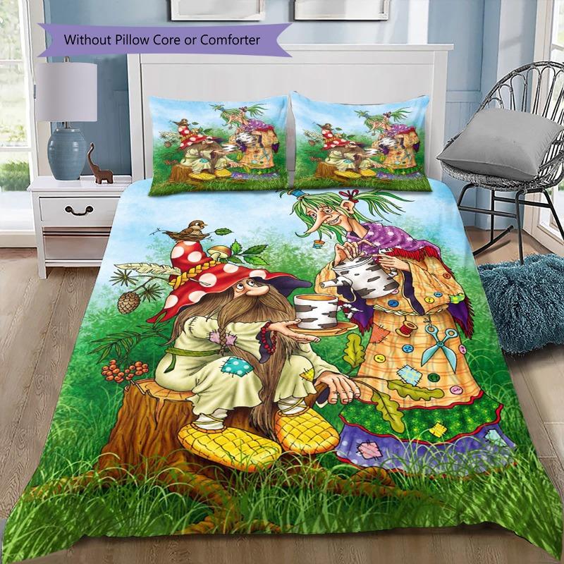 Forest Fantasy Gnome Witch Fairy Tale Art Print 3‑Piece Bedding Set Duvet Cover With Pillowcases for Bedroom Home Textile Decor
