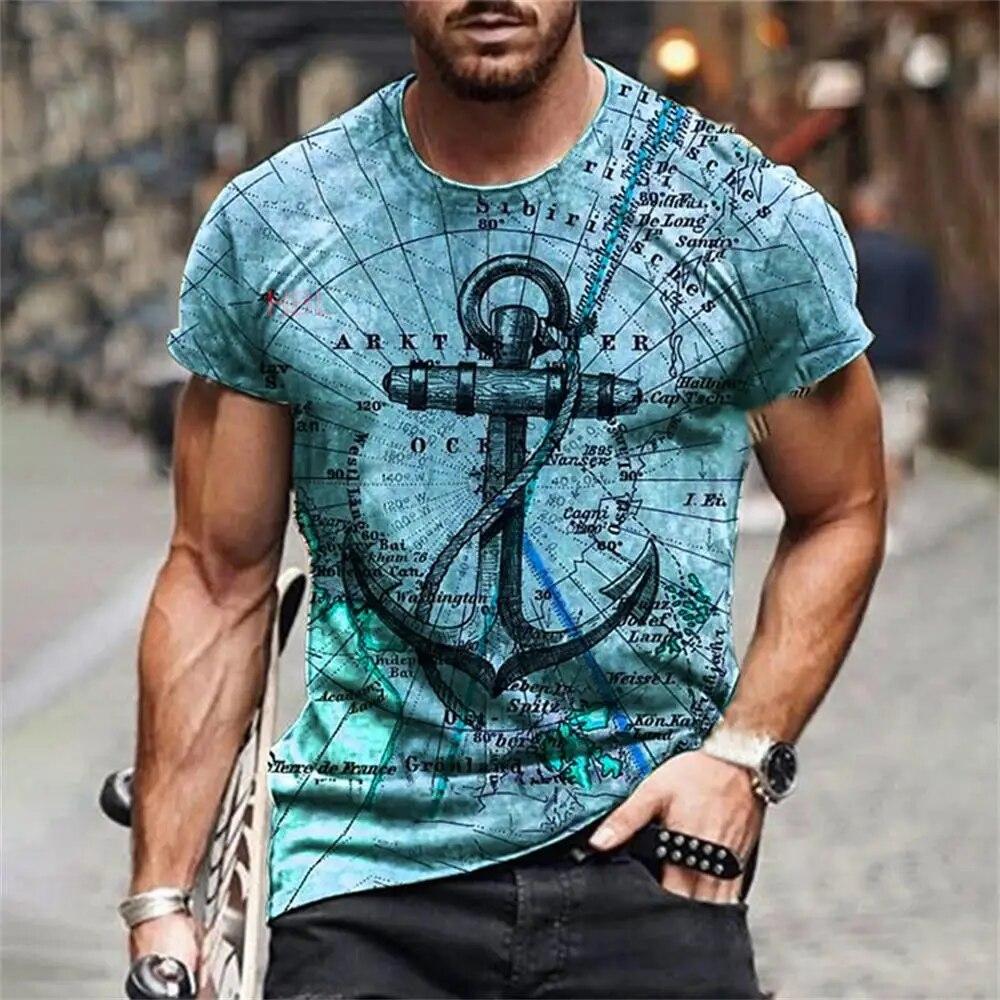 Summer Sailor T-shirt, Anchor Men's 3D Neckline Short-sleeved T-shirt
