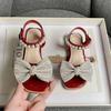 Sandal Shoes for Kids Summer Middle-aged Children's Soft Bottom Bow Open Toe Square Head Red Princess Shoe