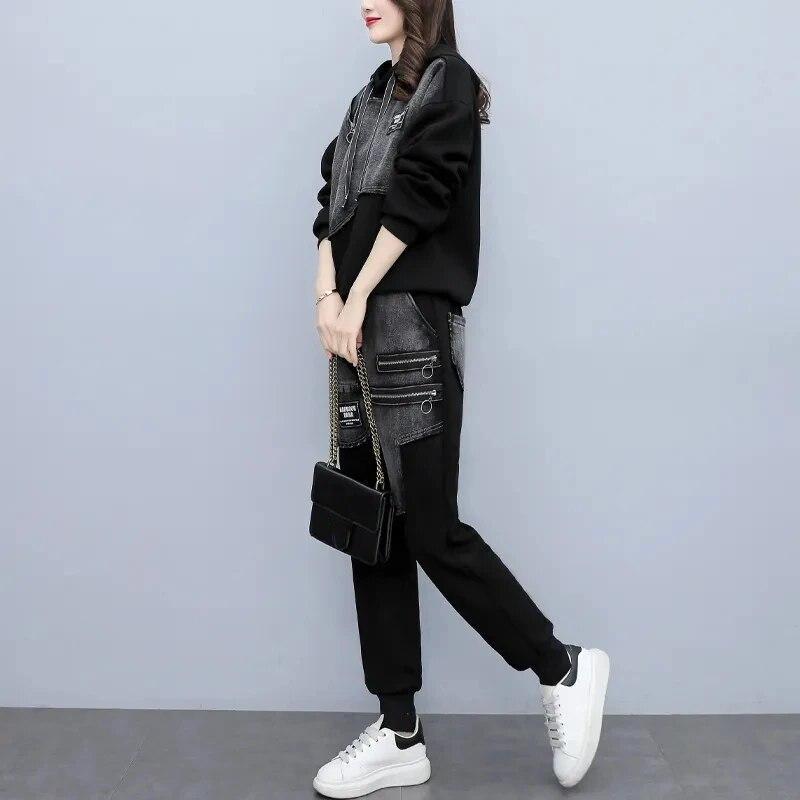 Spring Autumn Fashion Set Women's Versatile Loose and Slim Spliced Denim Hooded Long Sleeve Two Piece Printed Lady Clothing