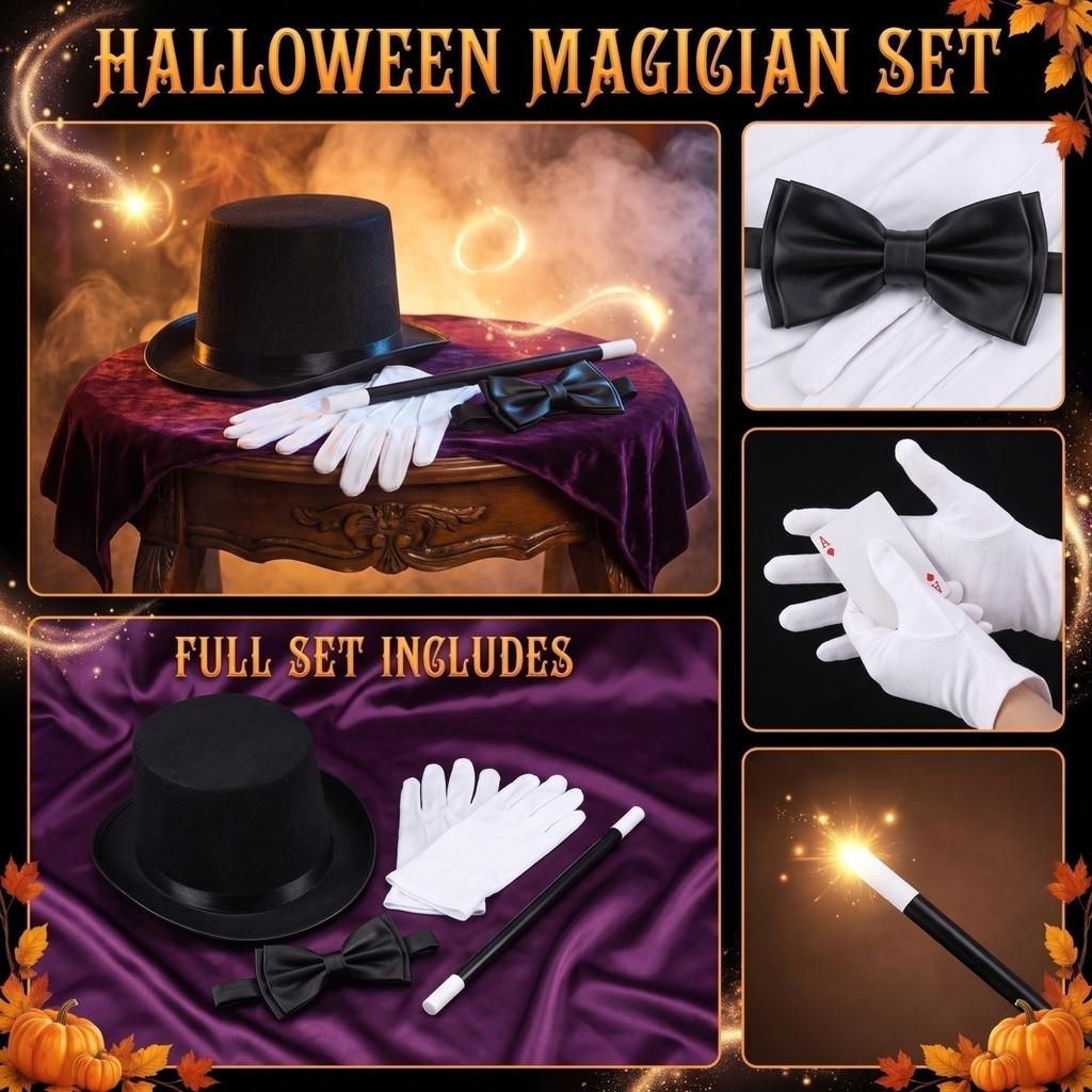 Halloween Magician Hat Tie Gloves Costume Accessory Set 530