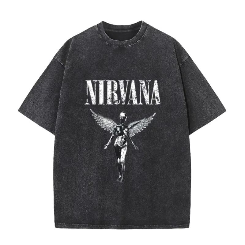 Винтажная Потертая Стиранная Футболка Nirvana Гранж Рок Серебряный Ангел Скелет Принт Свободный Крой Короткий Рукав Футболки