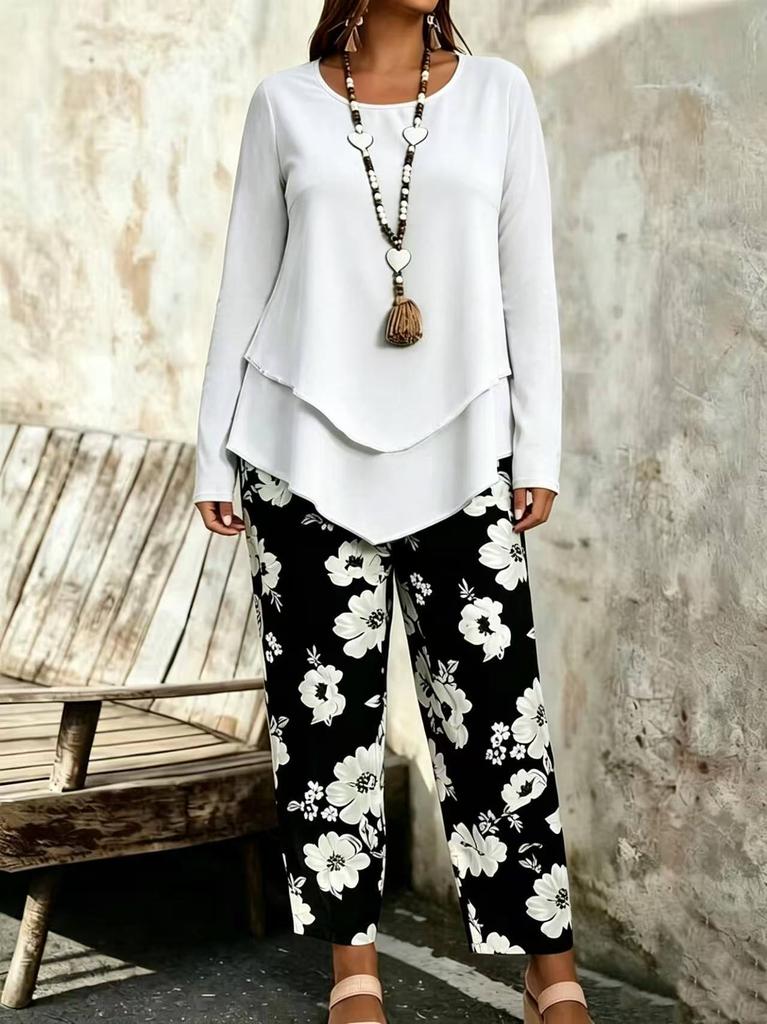 1116 European and American autumn and winter flower printing two-piece set casual vacation top pants set women's clothing